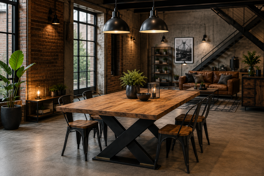 Mesa comedor estilo industrial en metal y madera